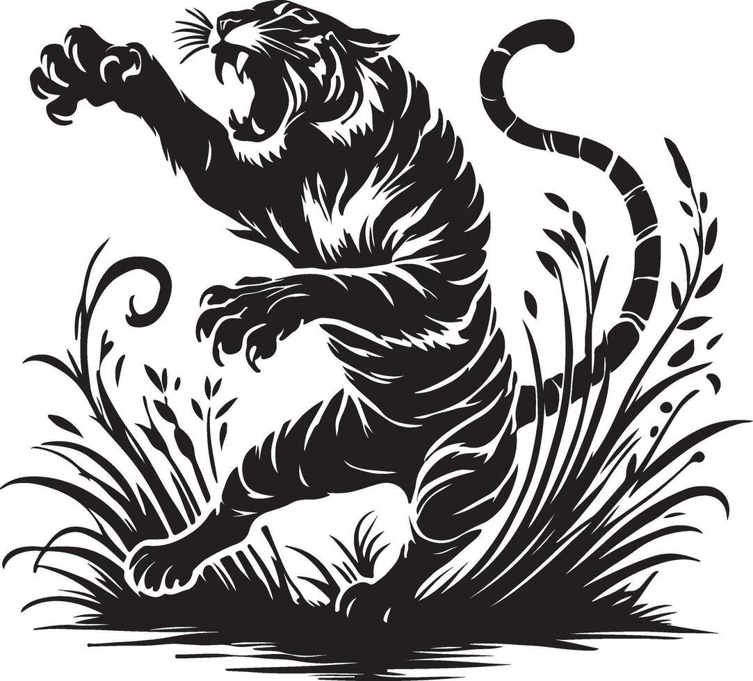 a tiger is standing in the grass with its mouth open vector