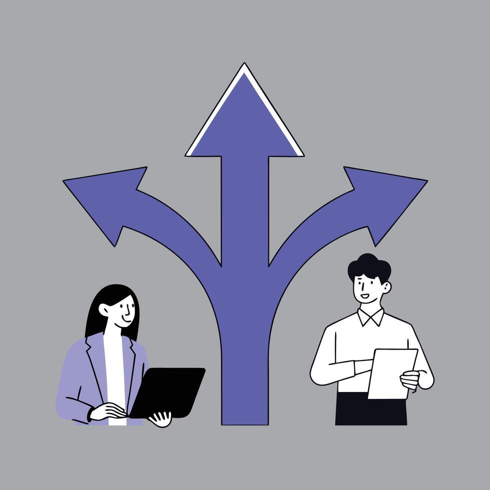 two people are standing next to a purple arrow pointing to a laptop vector
