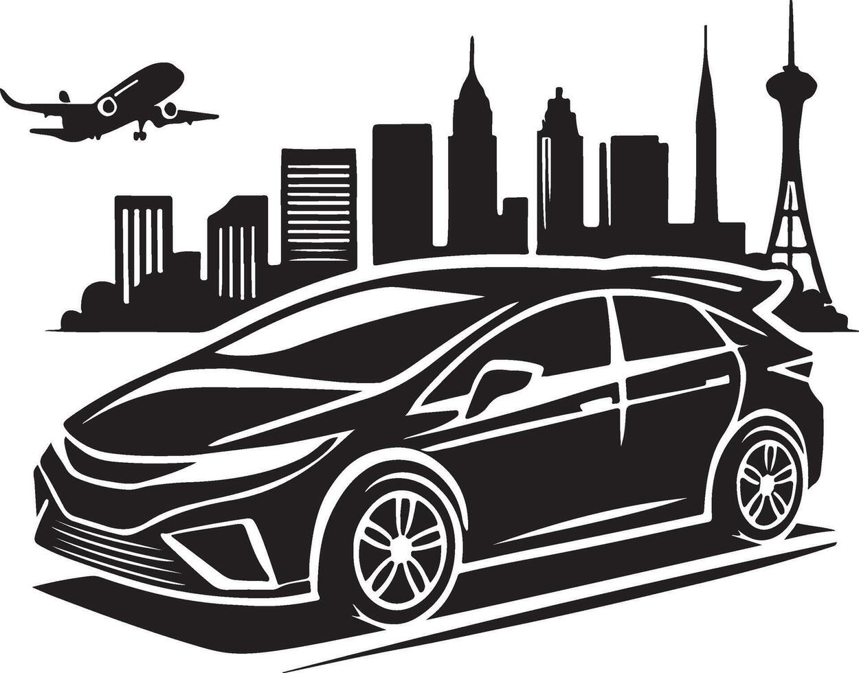 car and airplane in front of city skyline vector