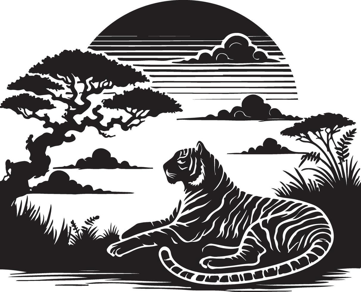 a tiger in the jungle with a sunset and trees vector