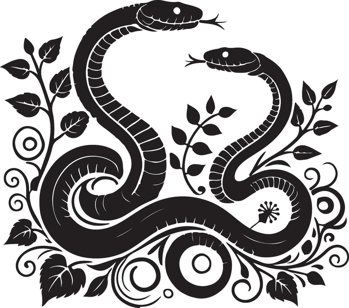 snakes in a circle with leaves and flowers vector