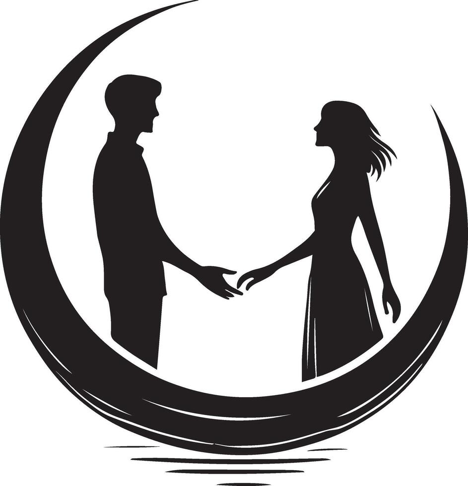 a silhouette of a man and woman holding hands in front of a crescent vector