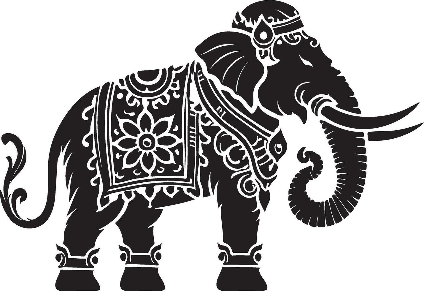 an elephant with ornate clothing is shown in black and white vector