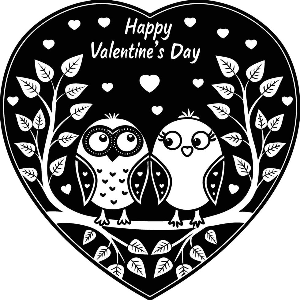 two owls on a branch in a heart with the words happy valentine's day vector