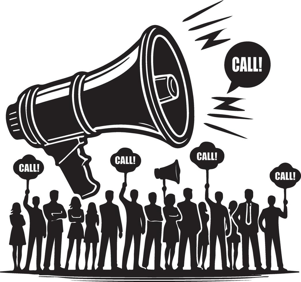 a group of people standing in front of a megaphone with the words call vector