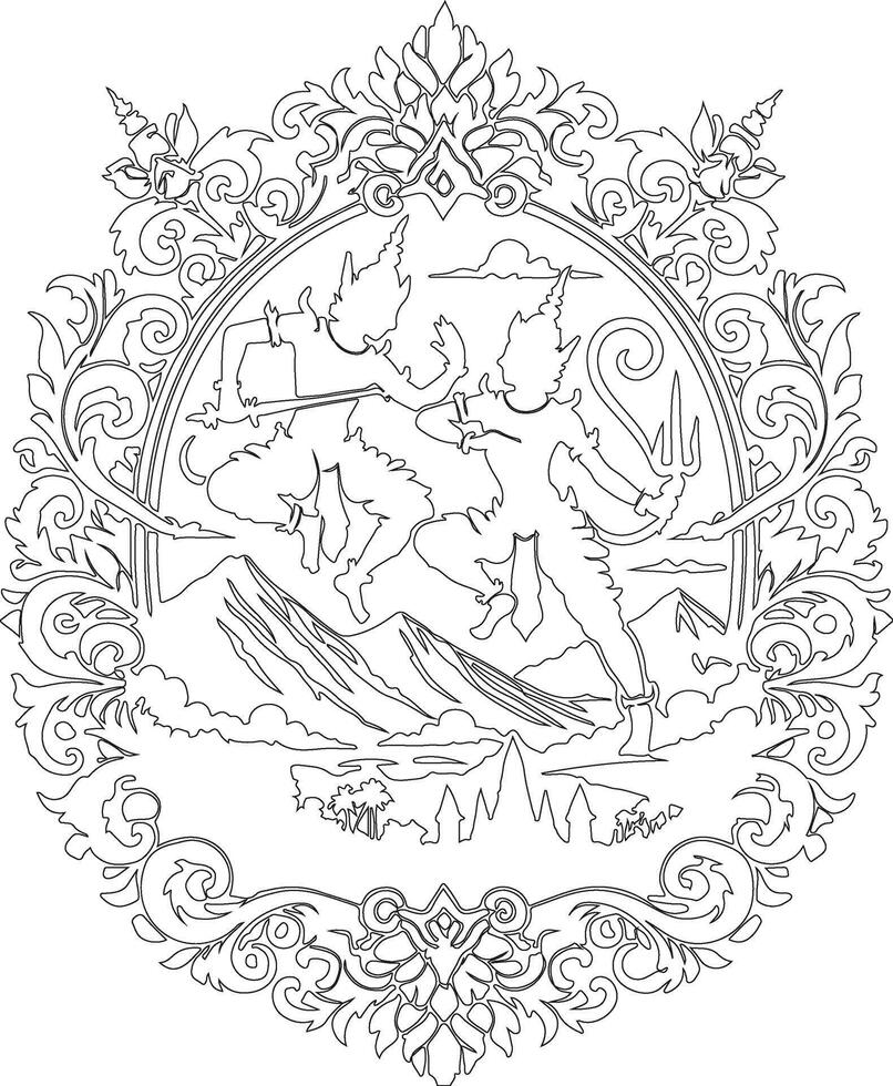 a coloring page with a design of a mountain and a man vector