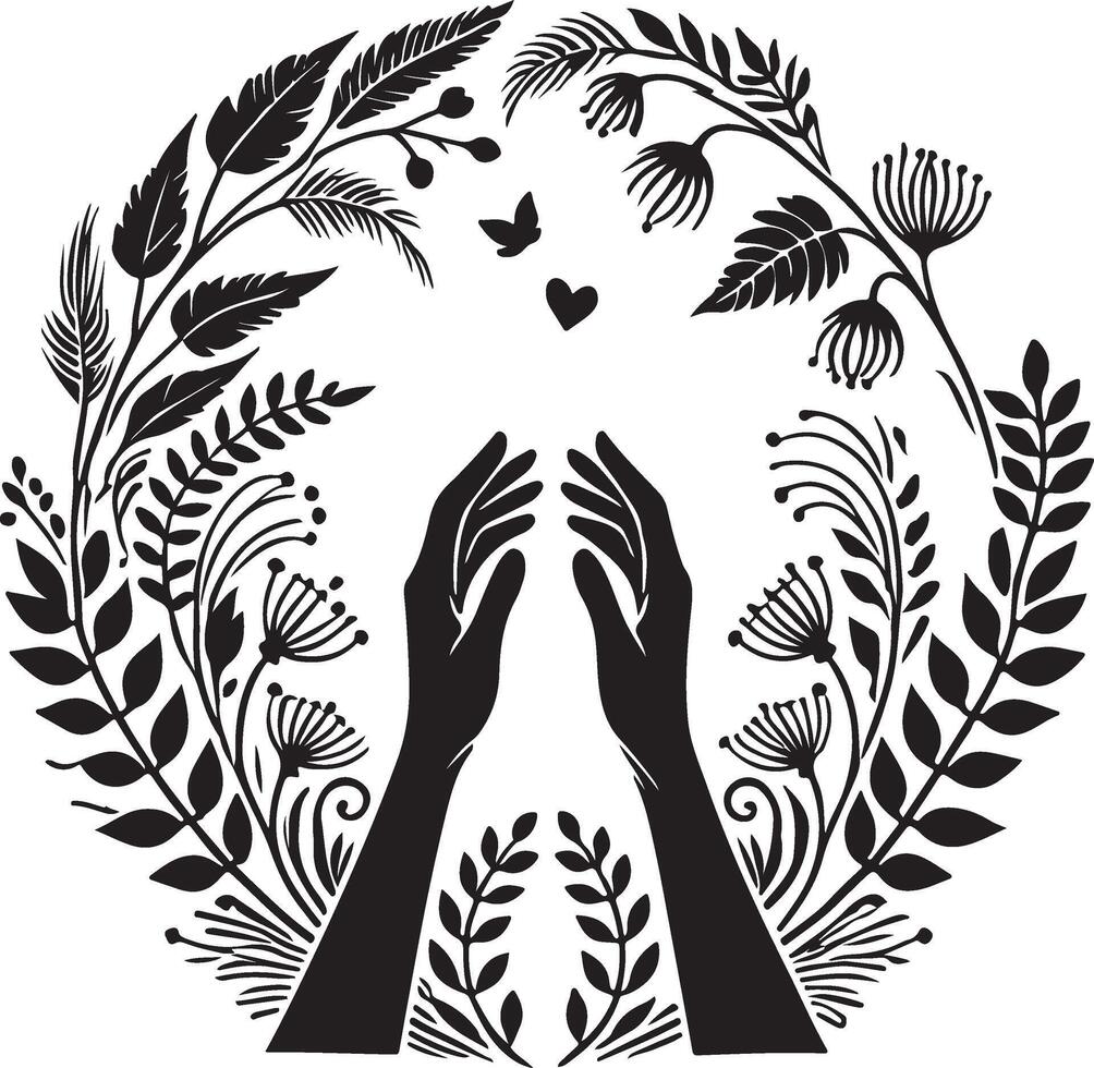 two hands with leaves and flowers in a circle vector
