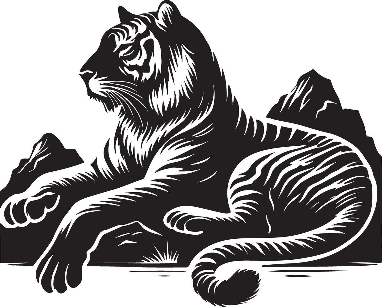 a tiger sitting on the ground with mountains in the background vector