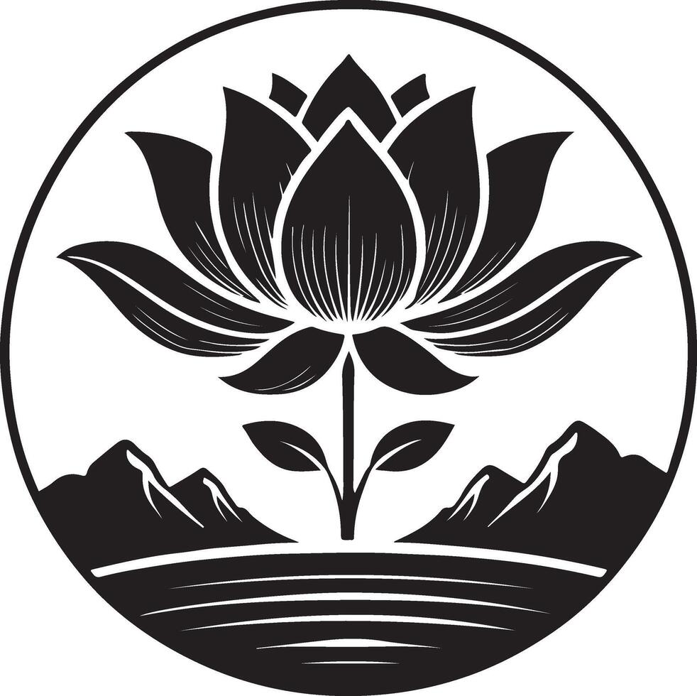 a black and white lotus flower with mountains in the background vector