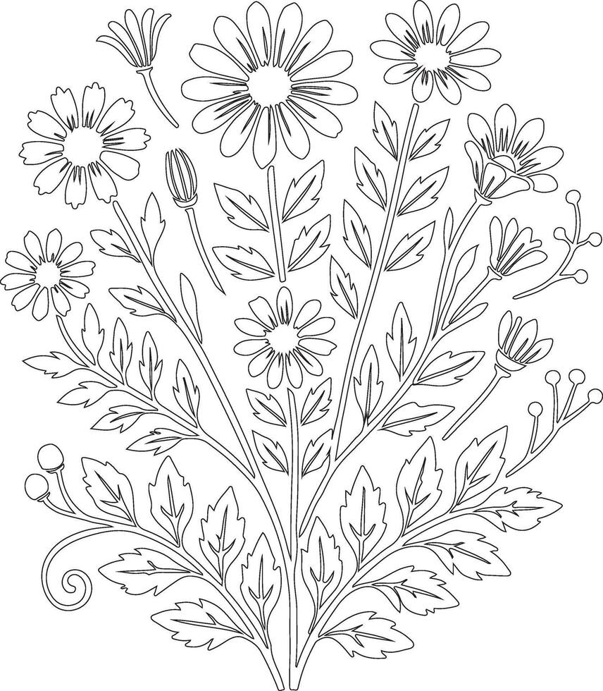 a coloring page with flowers and leaves vector