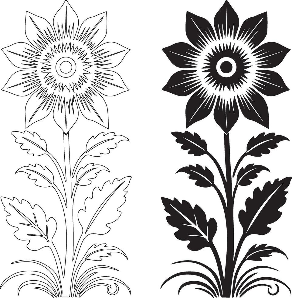 two black and white flowers with leaves vector
