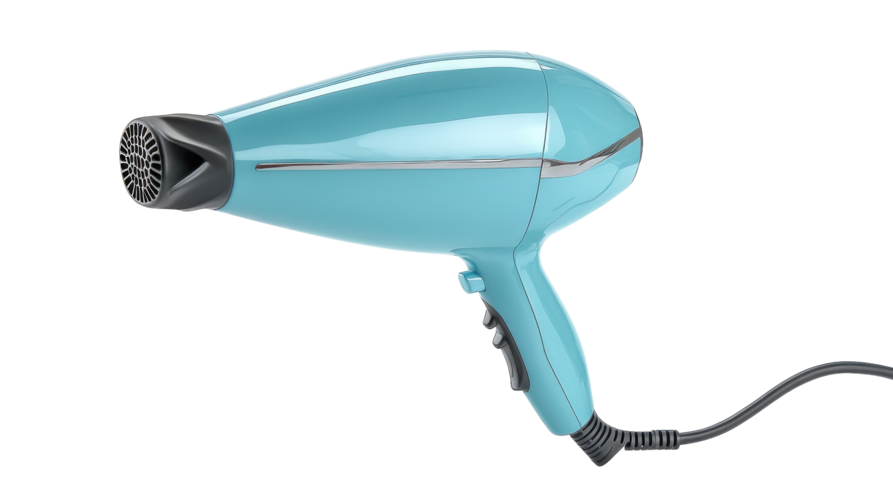 Stylish turquoise hair dryer with sleek design and powerful airflow for quick styling at home or salon png