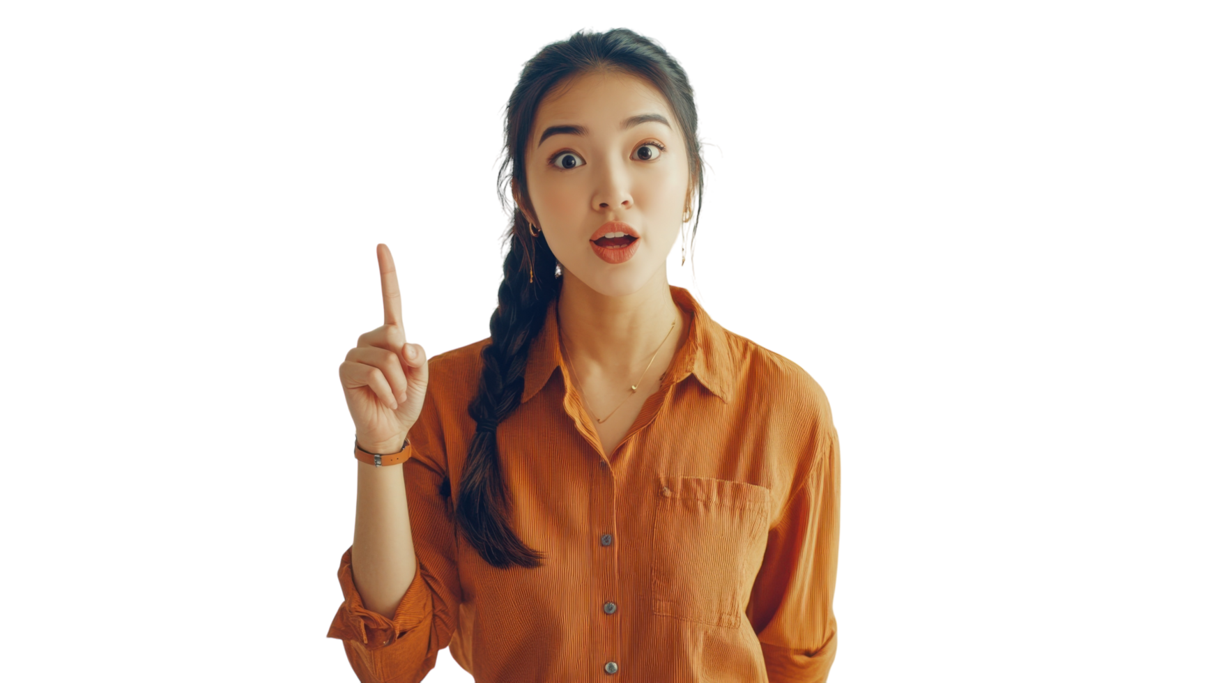 Young woman with braided hair gestures with finger while looking surprised in a bright setting png