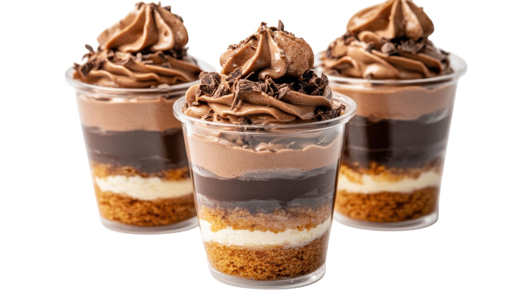 Delicious chocolate layered dessert cups with whipped cream and toppings served on a plain background png