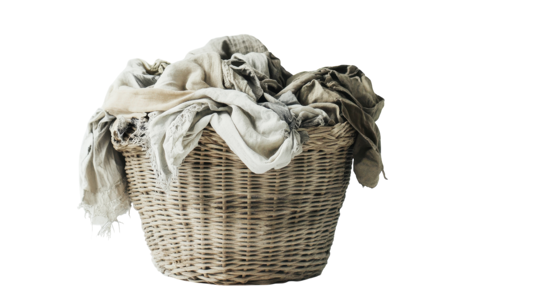 Laundry basket filled with crumpled, wrinkled clothes in various shades of beige and gray png