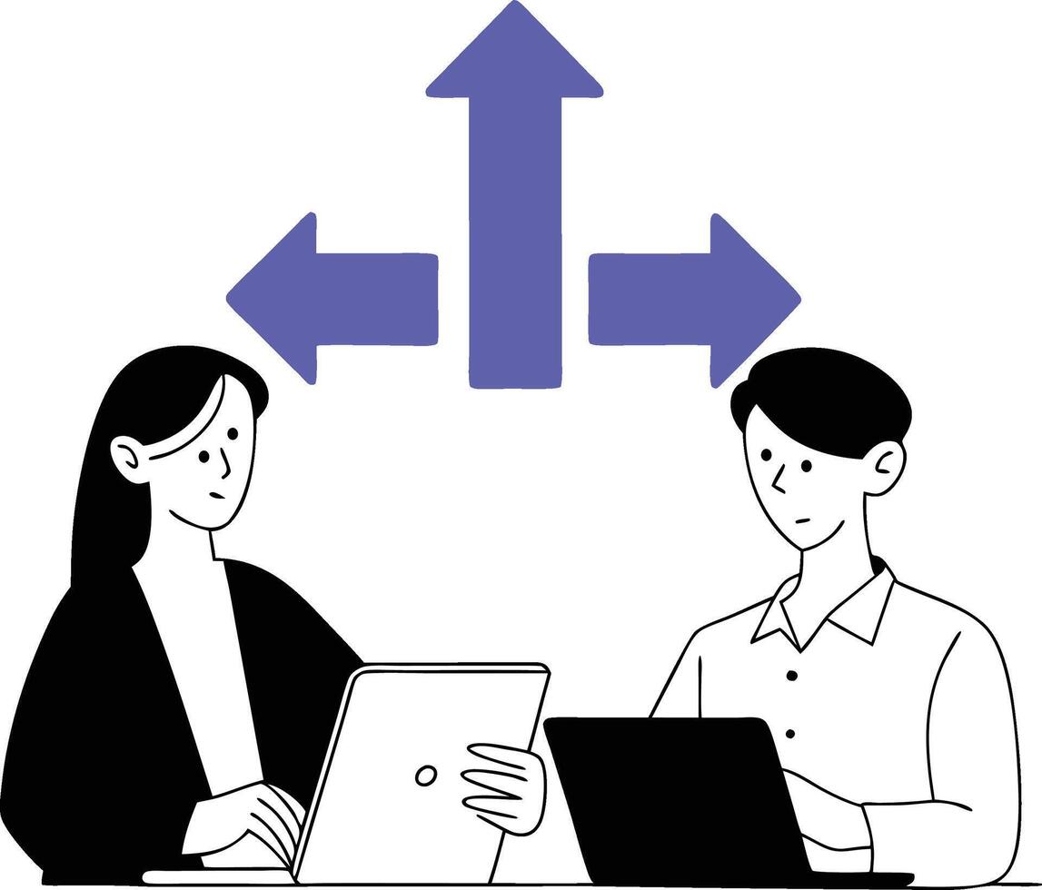two people working on laptops with arrows pointing to them vector