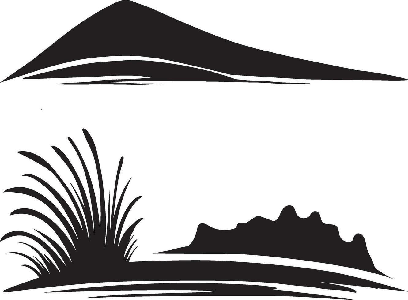 a black and white illustration of a mountain and grass vector