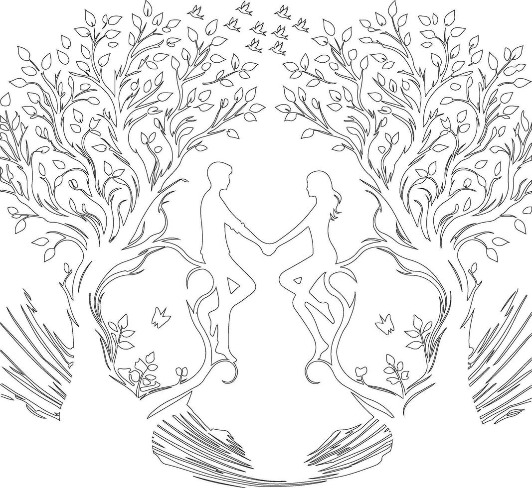 a drawing of two people holding hands in the shape of trees vector