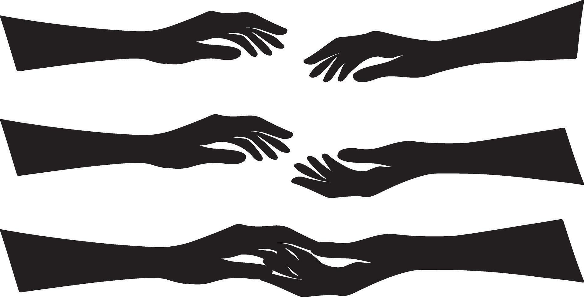 four hands reaching out to each other, one on top of the other vector