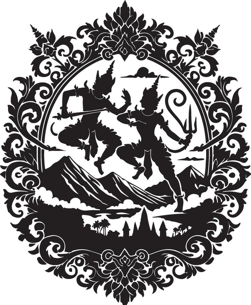 the two people are in the middle of a frame with a mountain in the background vector