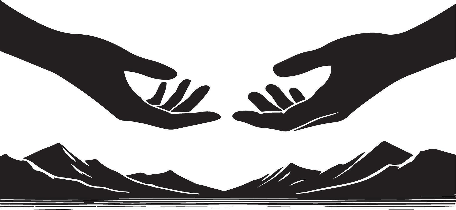 two hands reaching out to each other over a mountain range vector