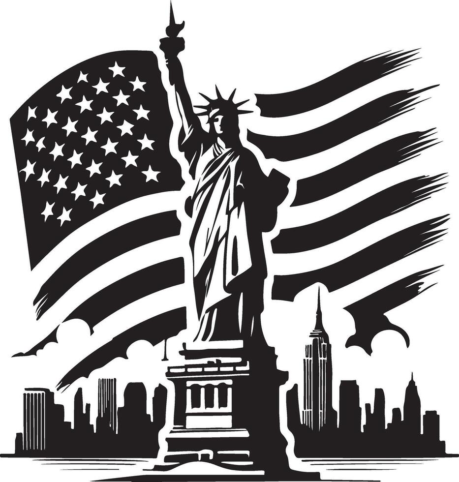 the statue of liberty and the american flags vector