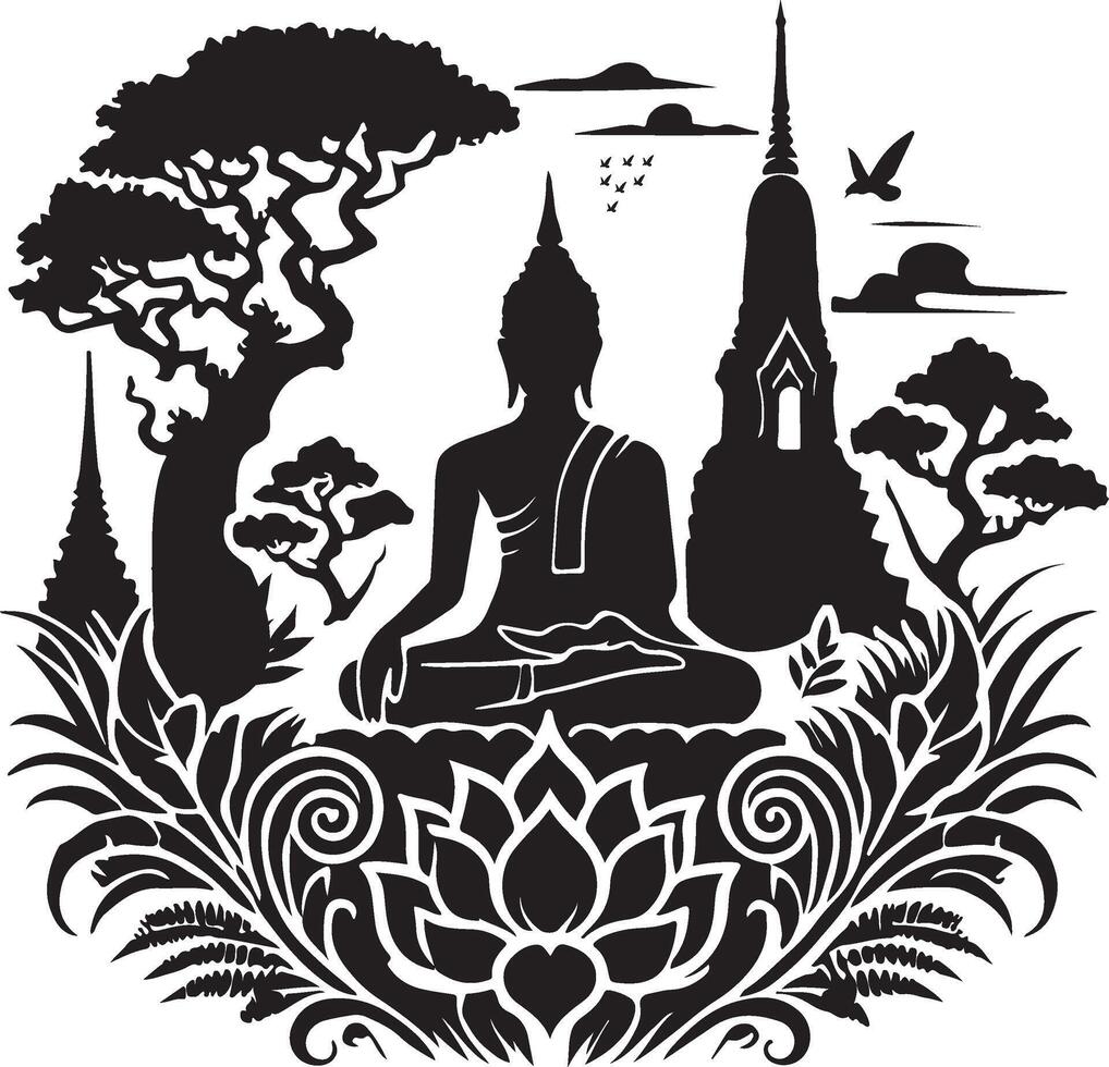 silhouette of buddha in lotus position with trees and flowers vector