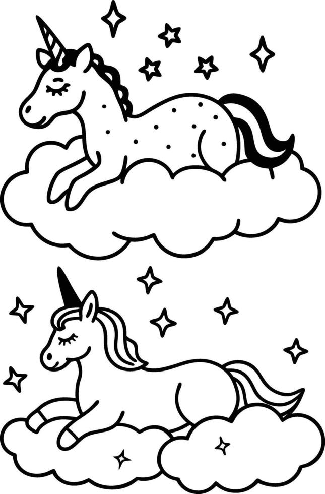 two unicorns are lying on the clouds coloring page vector