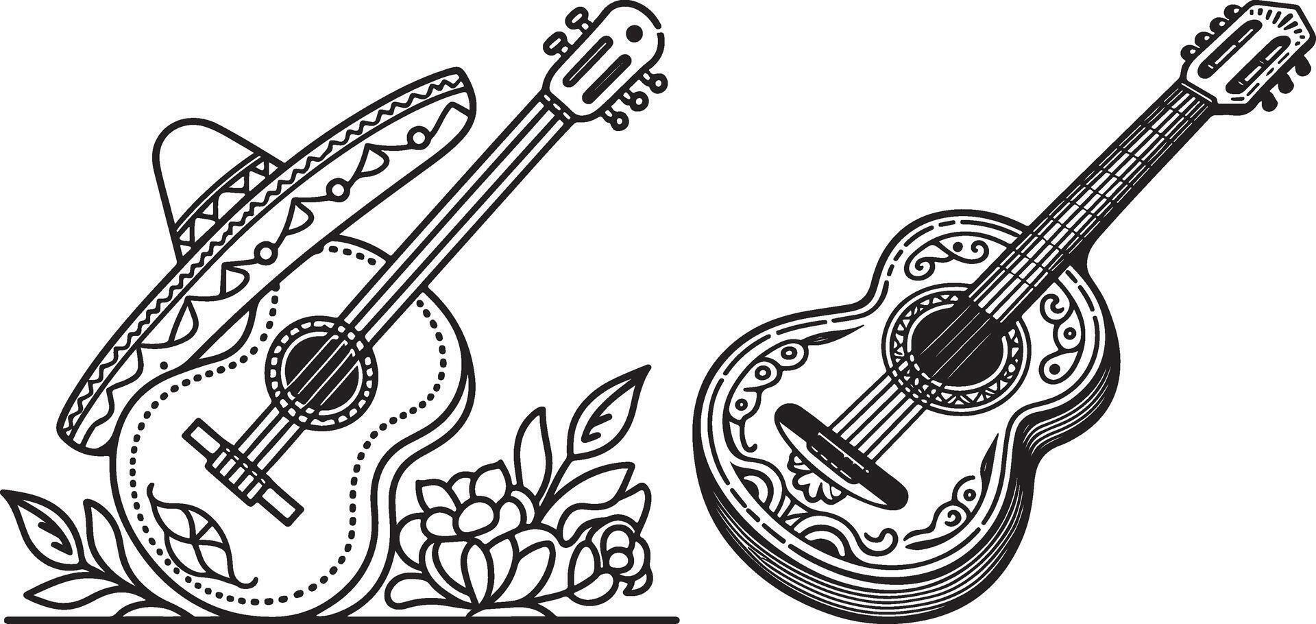 guitar and sombrero coloring pages vector