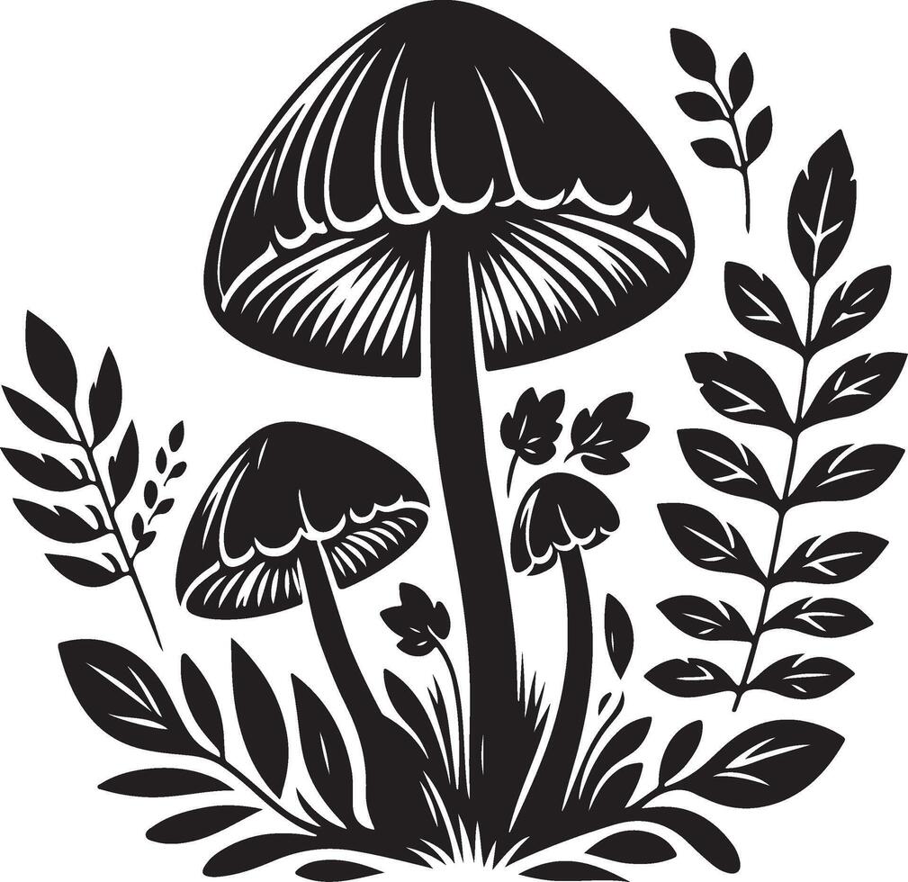 mushrooms and leaves in a black and white design vector