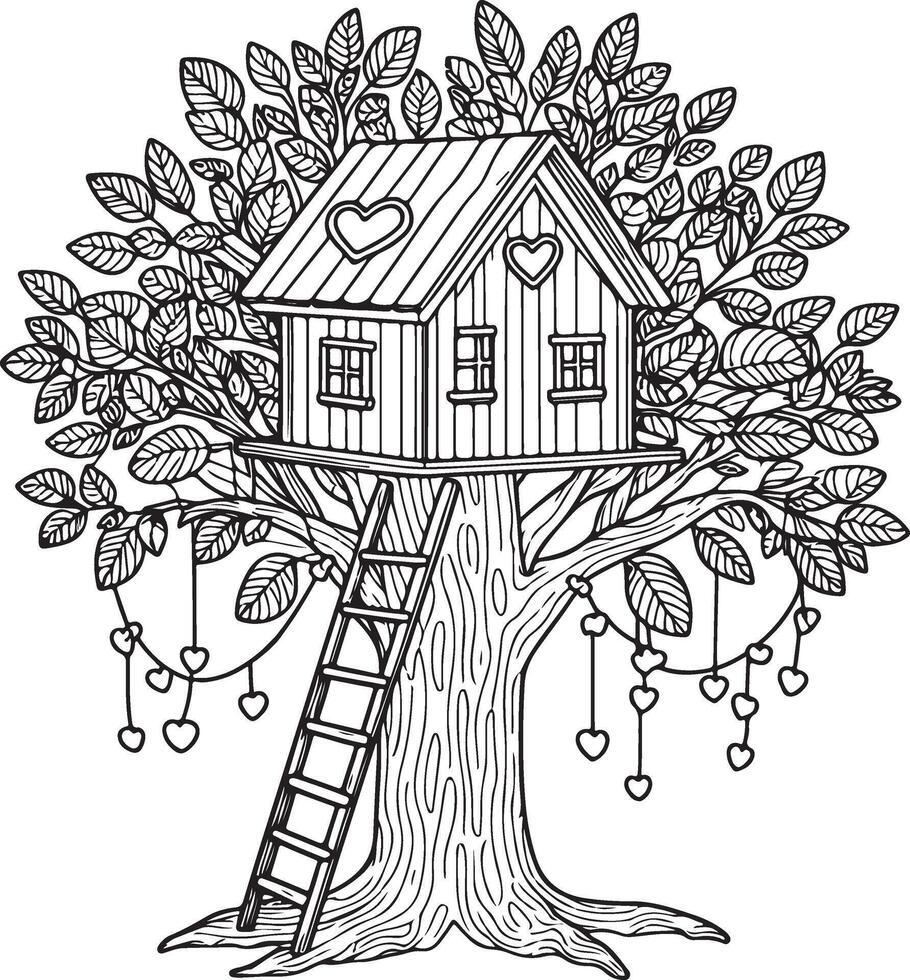 a tree house with a ladder and hearts on the tree vector
