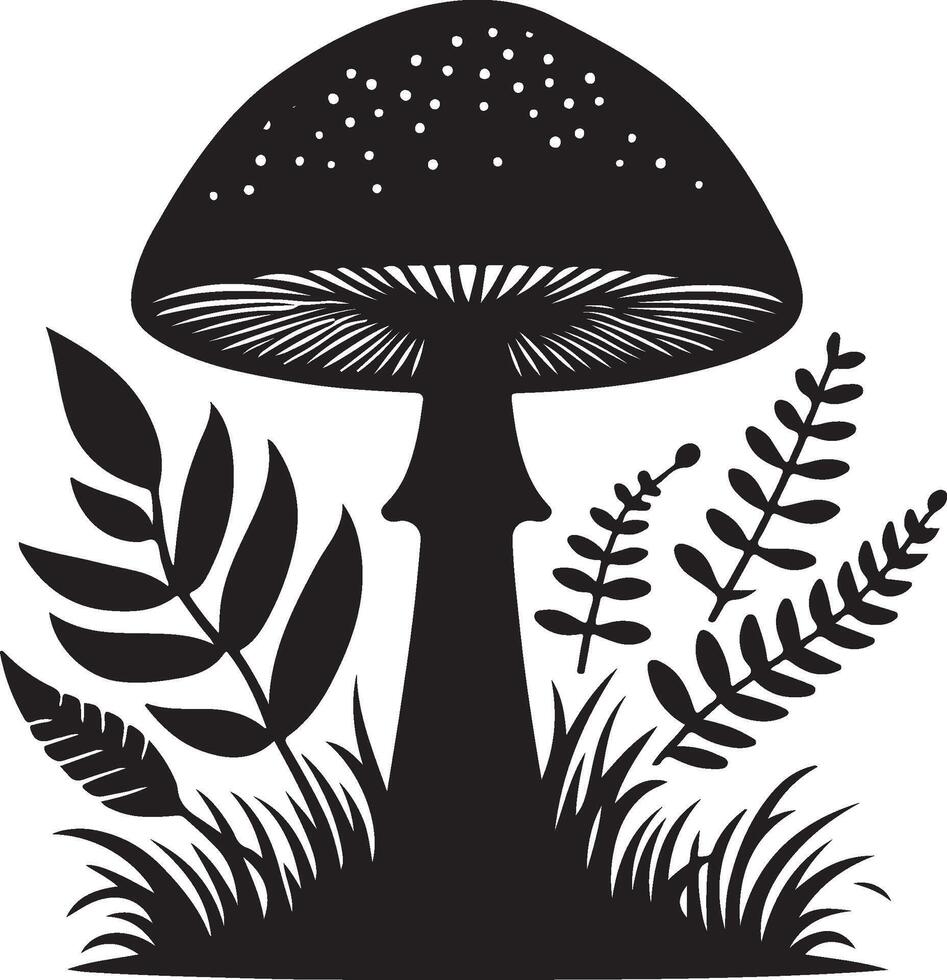 silhouette of mushroom with leaves and ferns vector