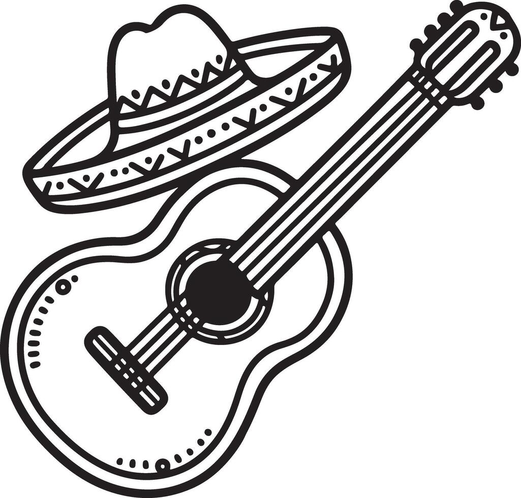 mexican guitar and hat coloring page vector