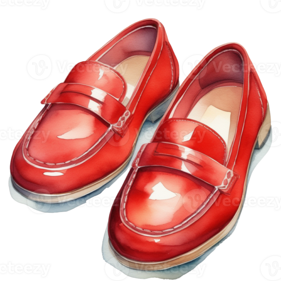 watercolor illustration of a pair red loafer shoes on transparent background png