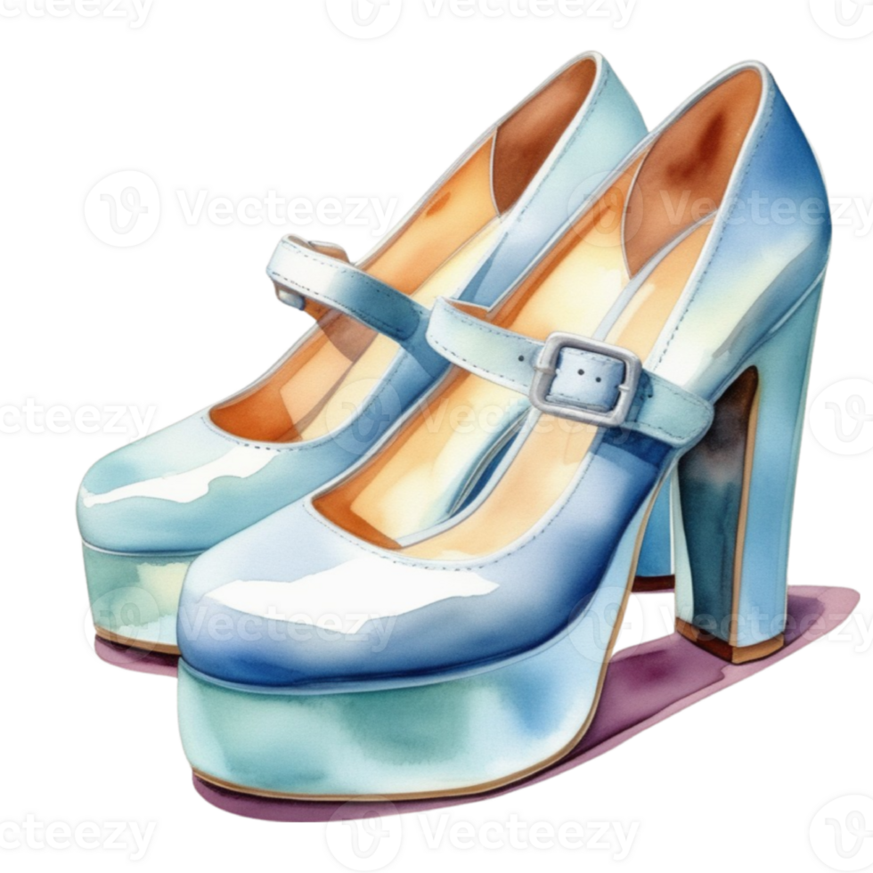 watercolor illustration of blue platform high heels with a buckle on the top png