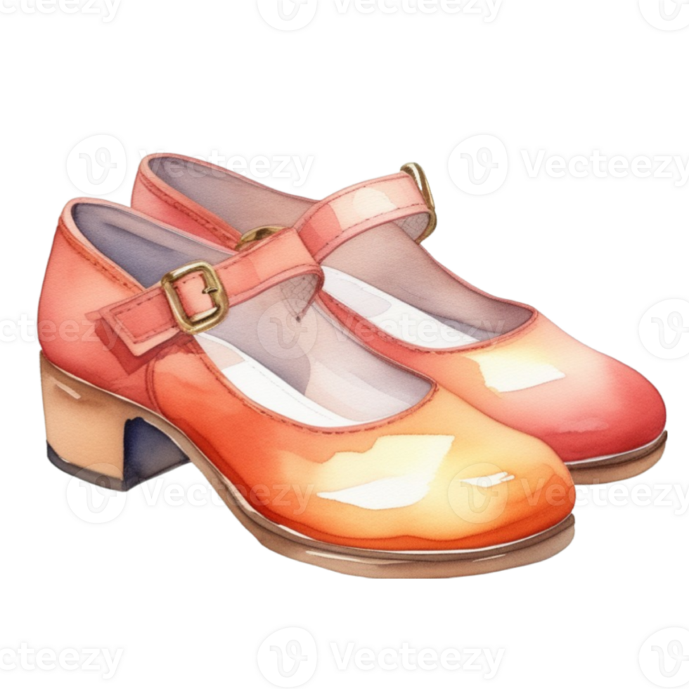 watercolor illustration of a pair of mary jane shoes with orange and yellow soles png