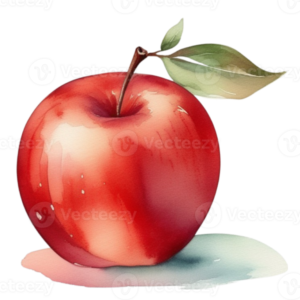 watercolor of a red apple with leaf on transparent background png