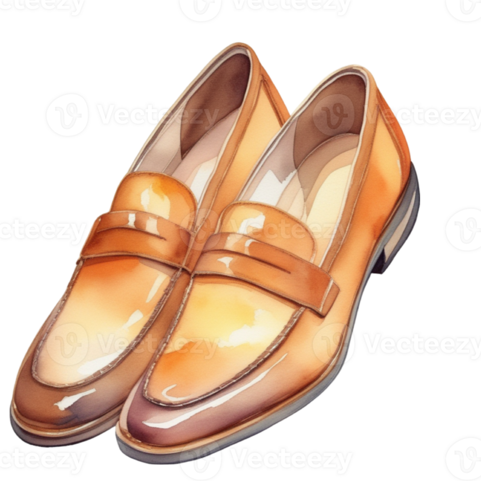 watercolor illustration of a pair of brown loafer shoes on a transparent background png