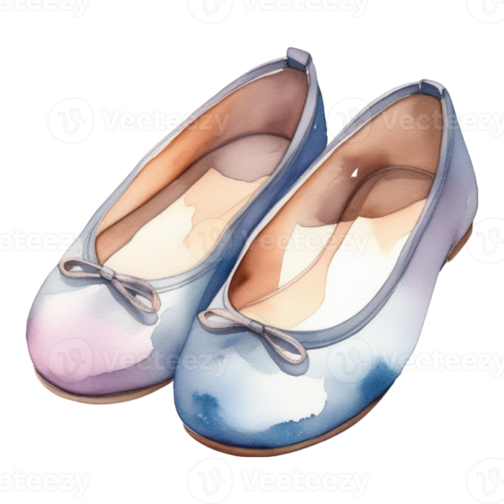 watercolor of a pair of blue and pink ballet shoes on a transparent background png