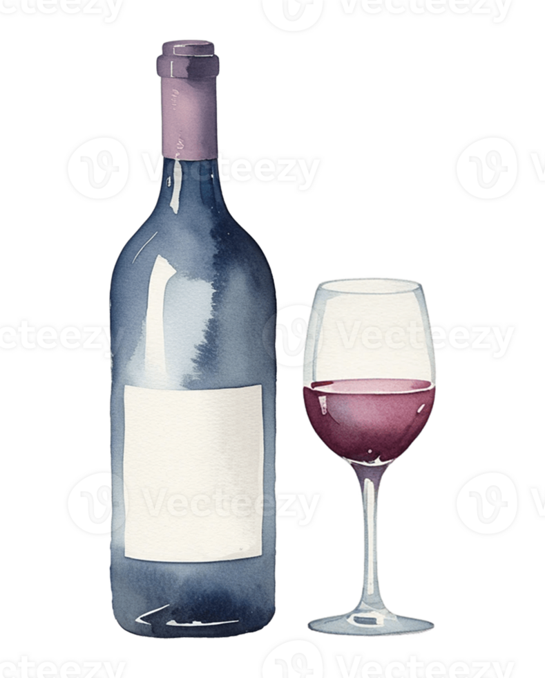 Watercolor illustration of a wine bottle and glass on transparent background png