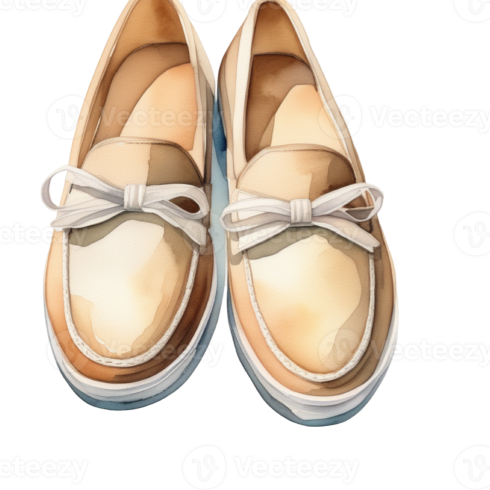 watercolor a pair of brown loafer shoes with a bow on the side png