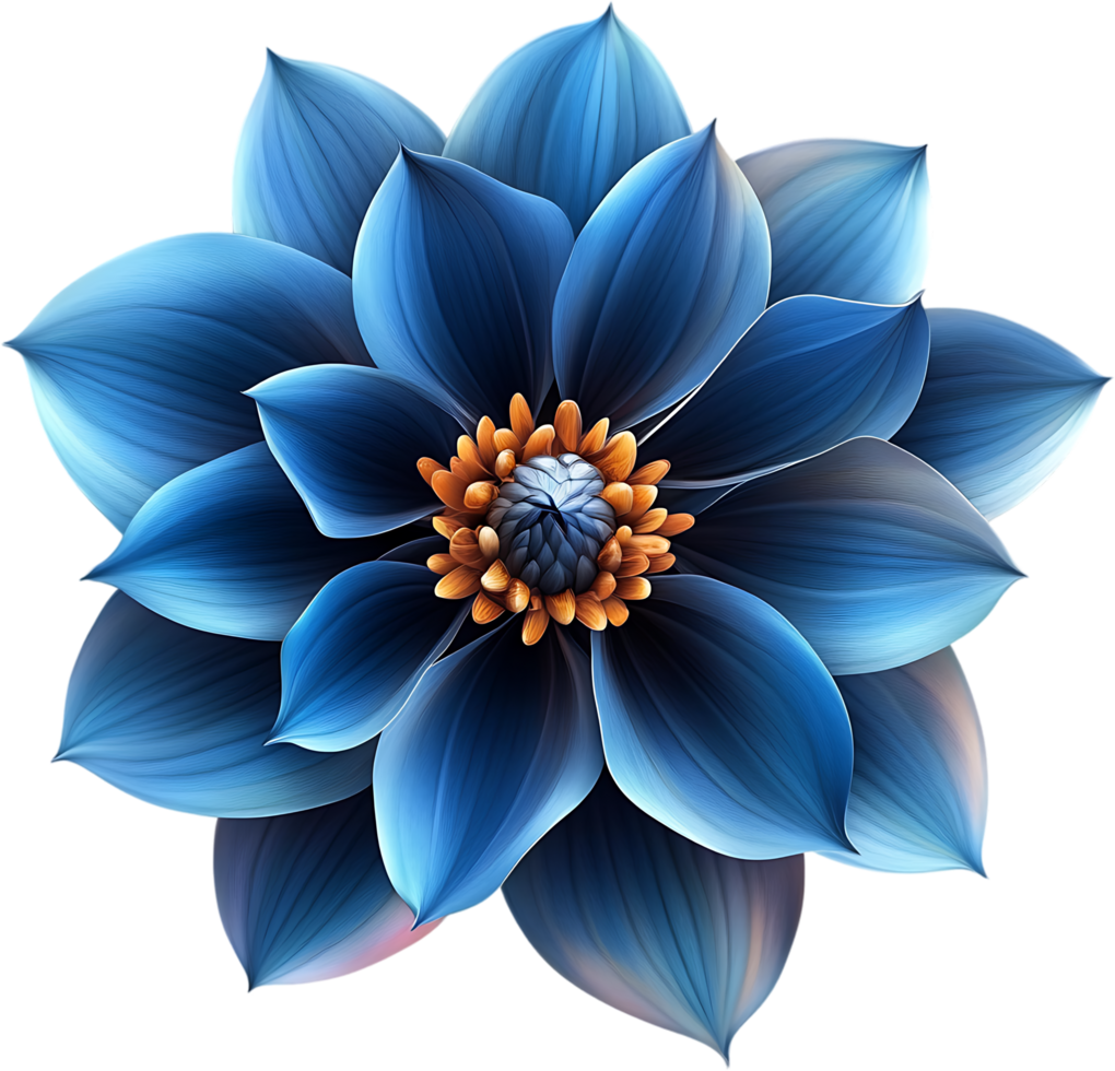 A striking stylized blossom exhibits a gradient of captivating blues and a bright textured center against a stark backdrop png
