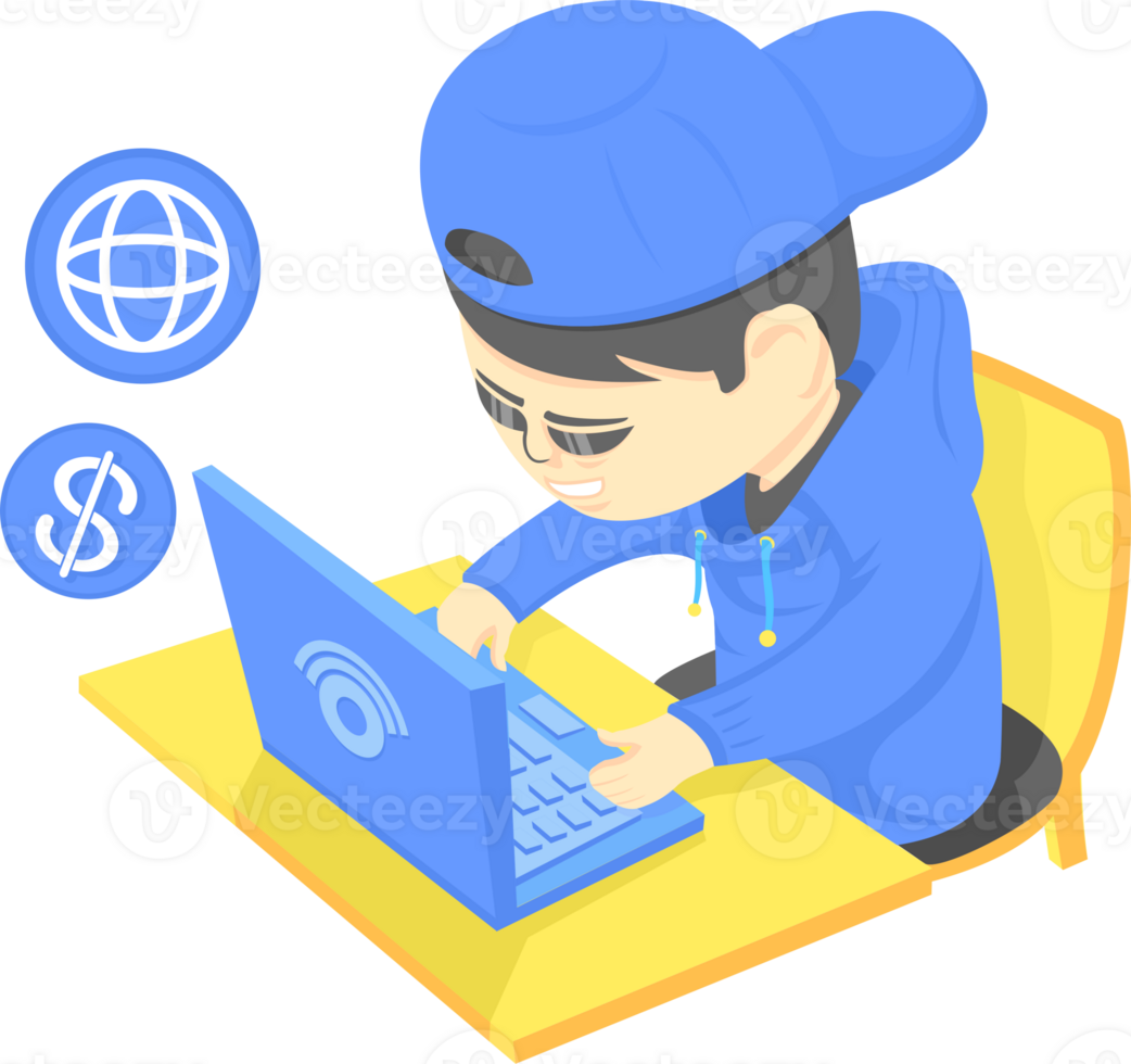 A man in a blue hat is using a laptop computer png
