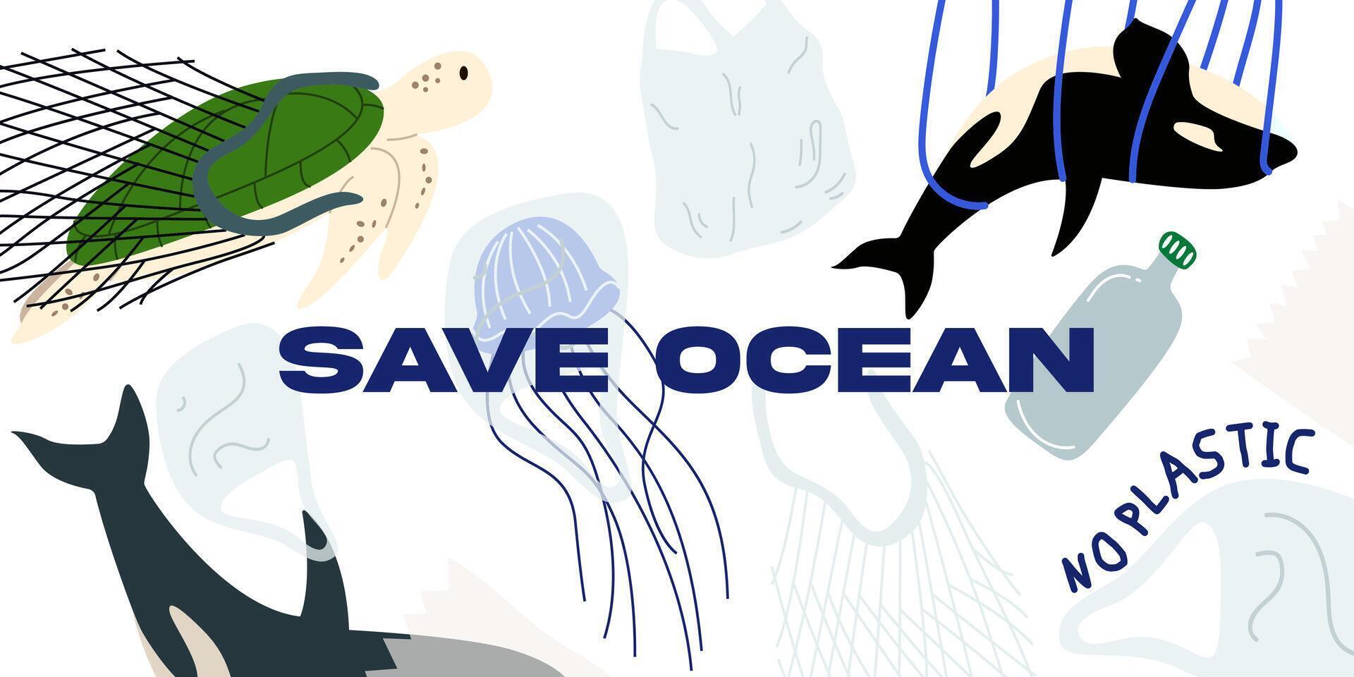 Save ocean banner design. No plastic. Ocean plastic pollution retro poster. Ecology protecting. Save the environment, zero waste and recycle concept. Eco friendly lifestyle. Turtle, whale, jellyfish vector