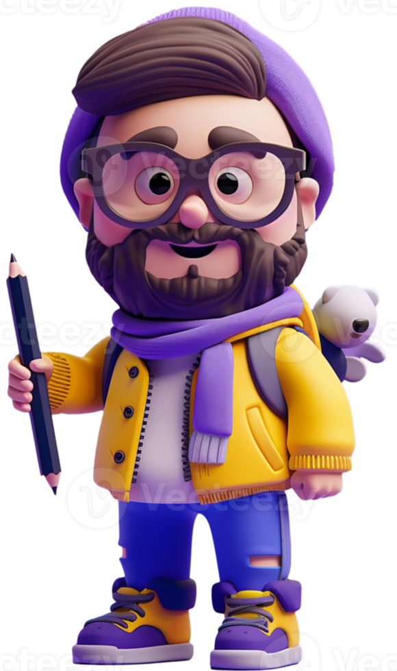 A cartoon man with glasses and a beard holding a pencil png