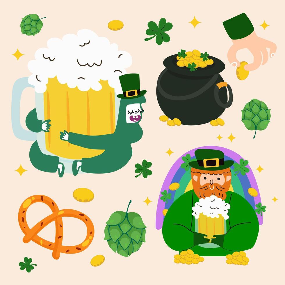 Stickers set for Saint Patrick's Day. elements for poster, banner, greeting card. Leprechaun character, mug of beer, pot of golden coins, clover vector