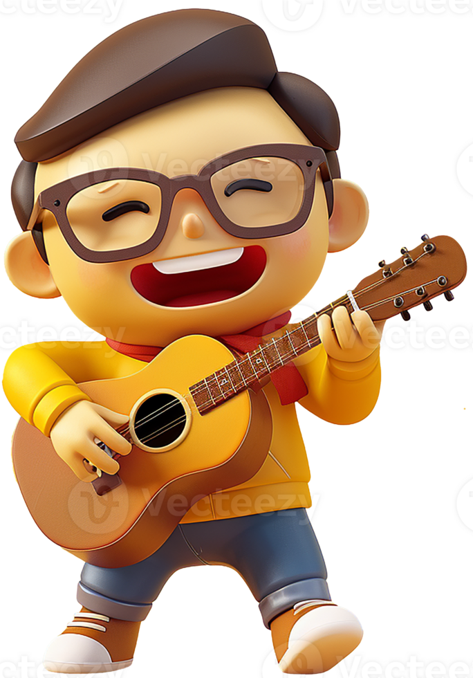 A cartoon boy with glasses playing the guitar png