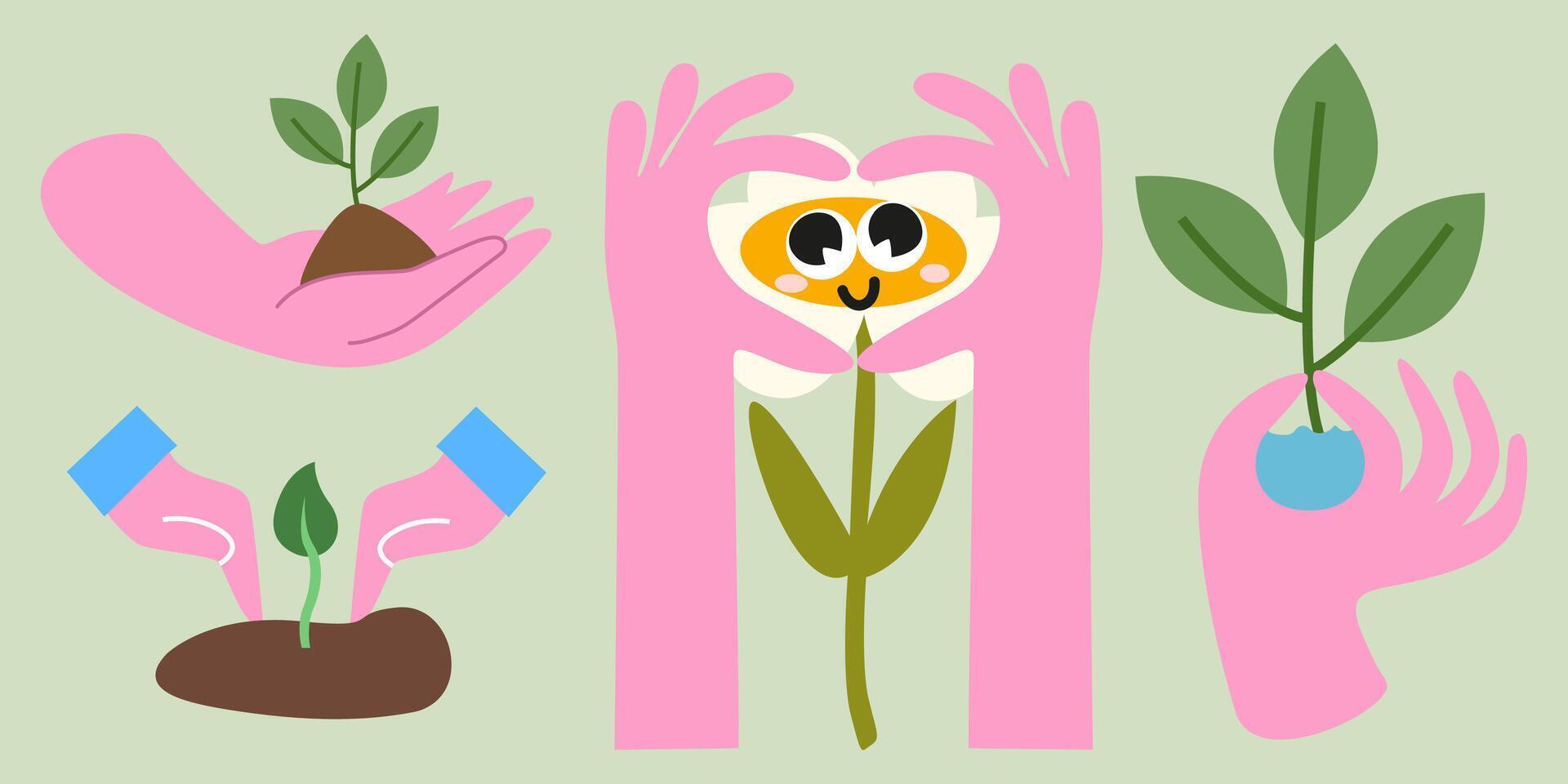 Eco retro stickers set. Happy Earth Day. Caring for nature. Ecology and environment conservation. Grow plants, botanical cultivation, green foliage vector