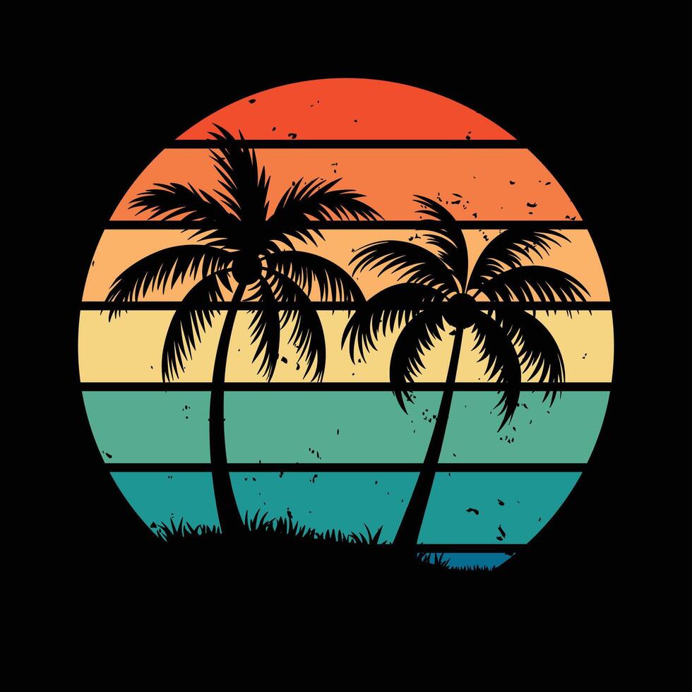 Retro Palm Trees Silhouette with Sunset Stripes - Tropical Beach vector