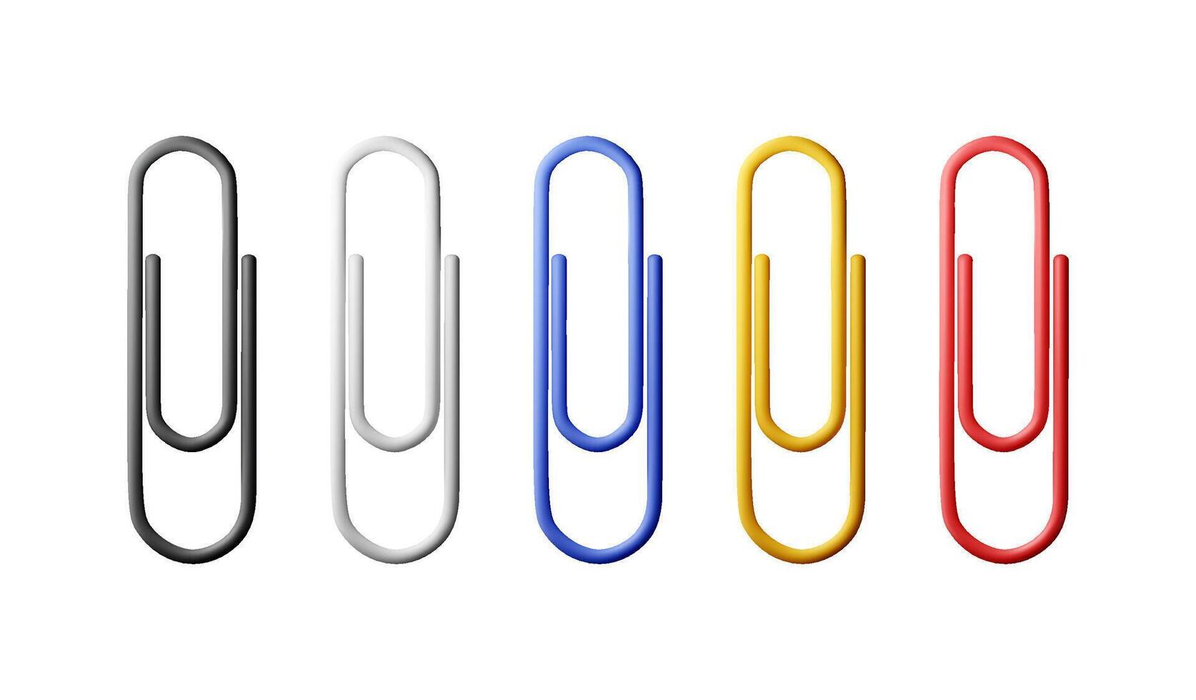 3D set of colored paper clips isolated on white. Render collection of paperclip icons. Tools for education and work. Stationery and office supply vector